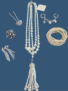 Olivia Welles Ivory Multi-Strand Pearl Tassel Necklace, ring, earrings etc
